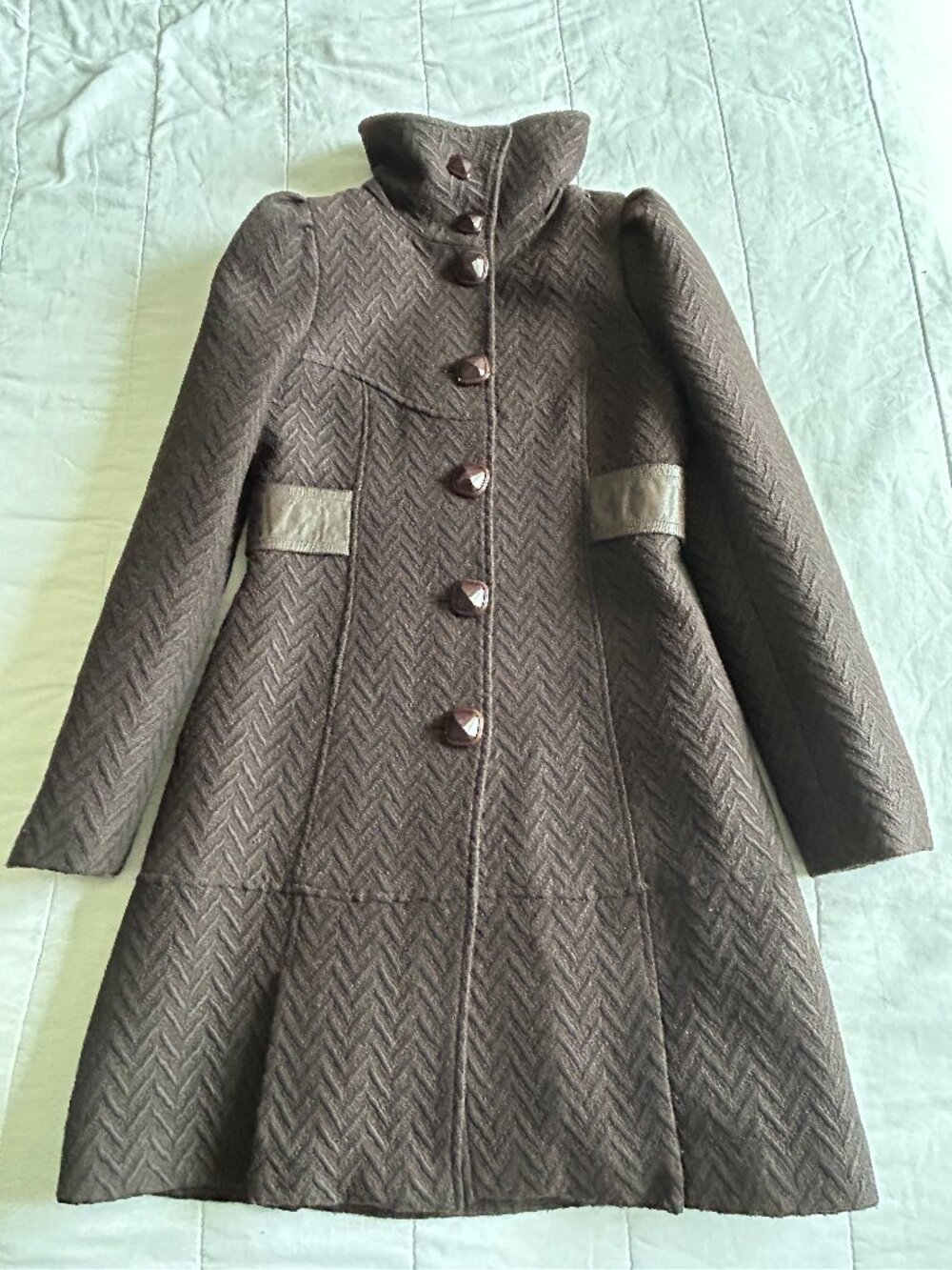 Mackage Chevron Textured Wool Coat with Leather Accents